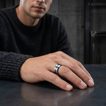 8MM Tungsten Ring with Blue Center Line & Beveled Edges