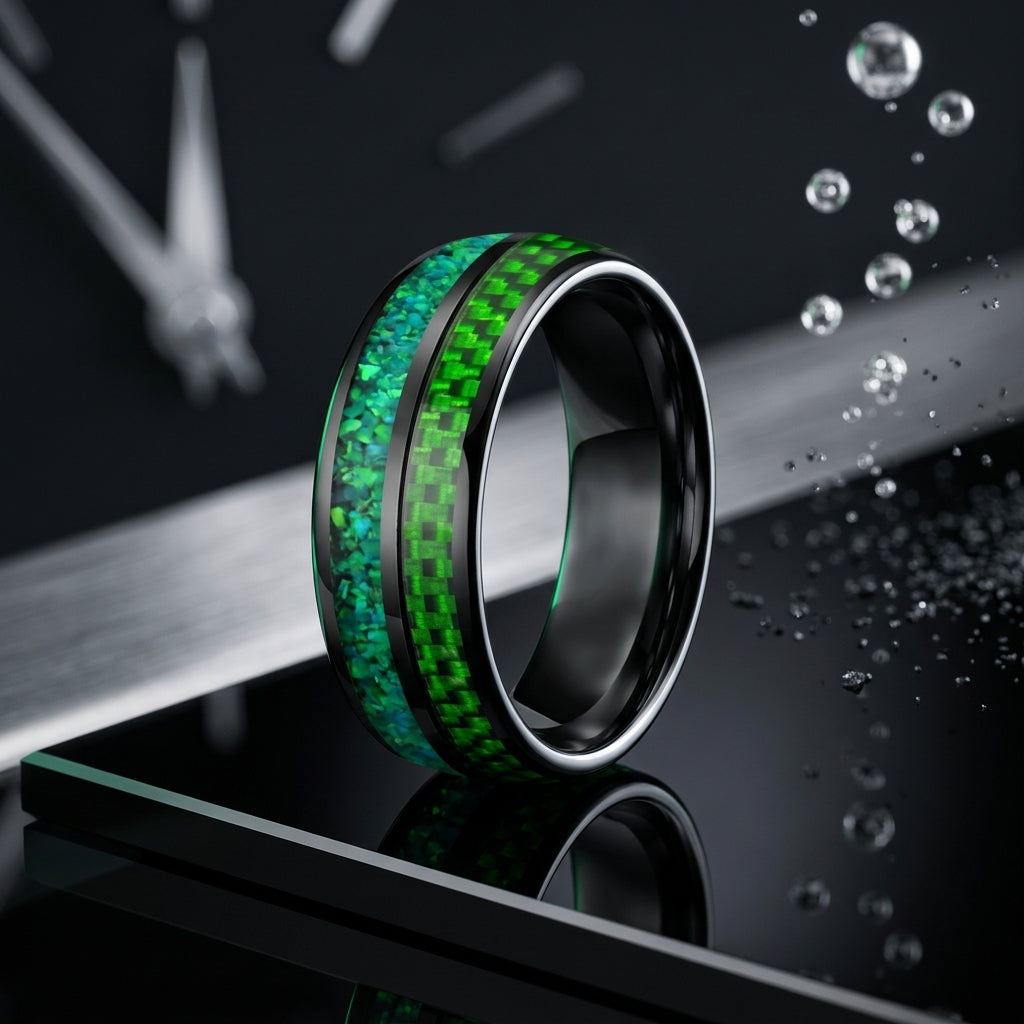 8MM Tungsten Ring with Green Opal & Carbon Fiber Inlay