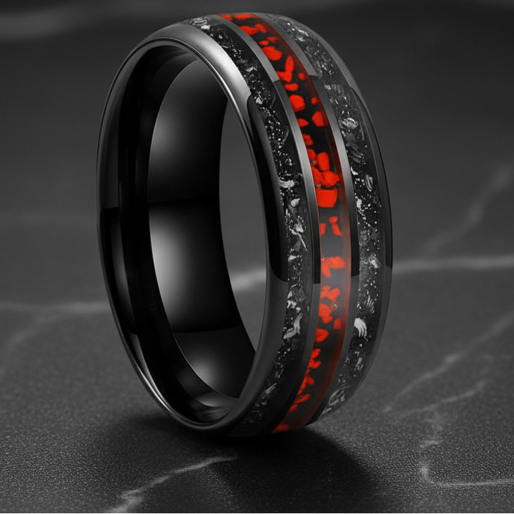 Tungsten meteorite dinosaur bone ring
