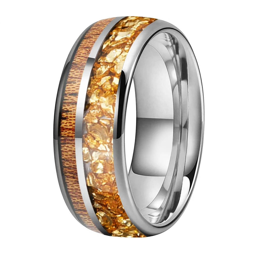 8MM Double Groove Tungsten Wedding Band with Golden Crystal
