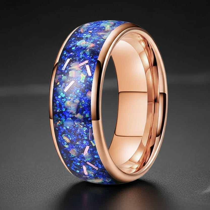 8MM Tungsten Wedding Band with True Blue Galaxy Opal Inlay