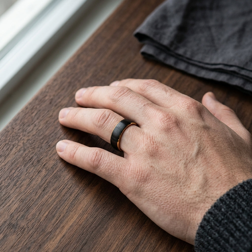 8MM Black Tungsten Ring with Gold Accents