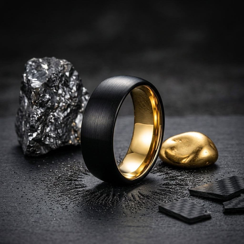 8MM Black Tungsten Ring with Gold Accents