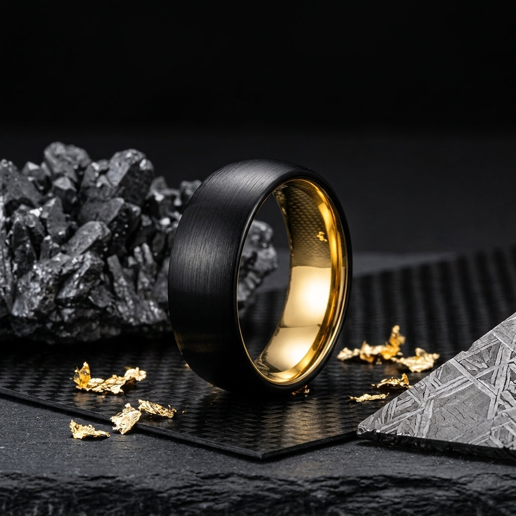 8MM Black Tungsten Ring with Gold Accents
