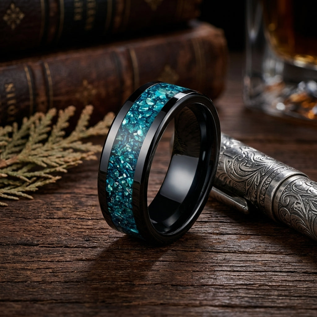 8MM Blue Glass Tungsten Wedding ring