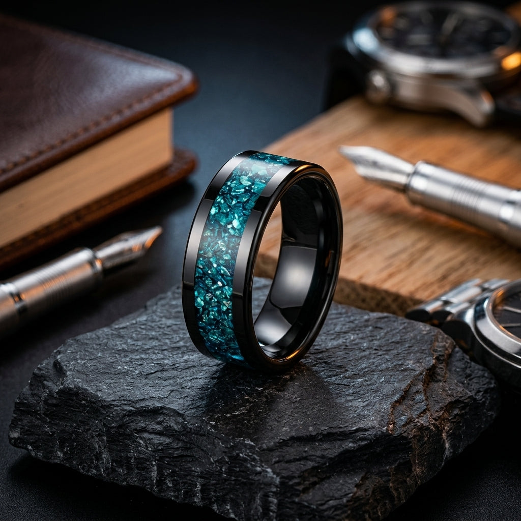 8MM Blue Glass Tungsten Wedding ring
