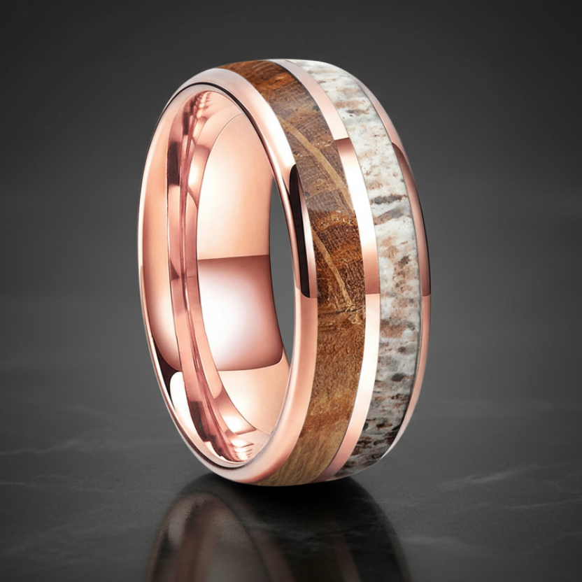 Deer Antler & Whiskey Wood Tungsten Wedding Band
