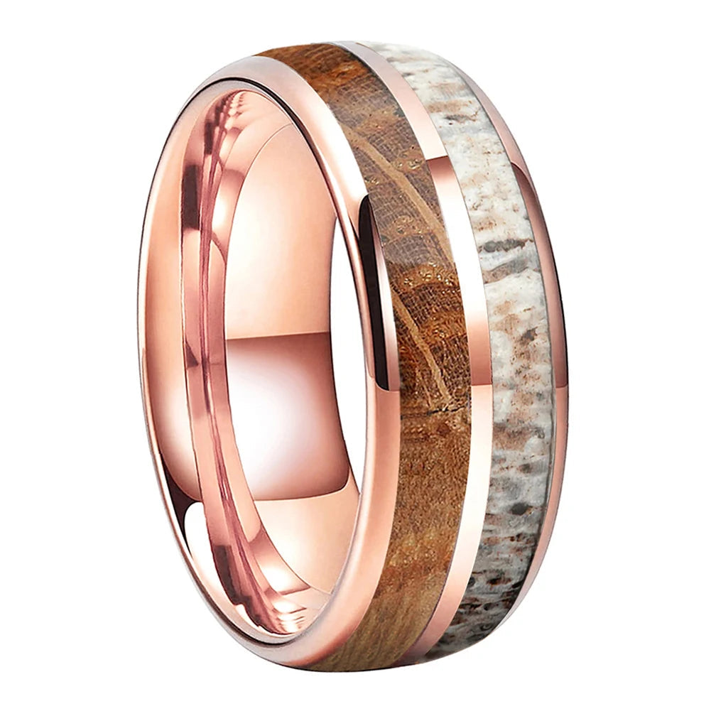 8MM Deer Antler & Whiskey Wood Tungsten Wedding Band
