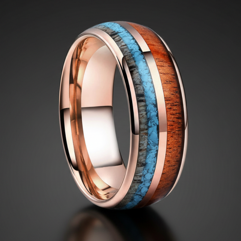 8mm tungsten wedding band with deer antler, turquoise, and koa wood inlay