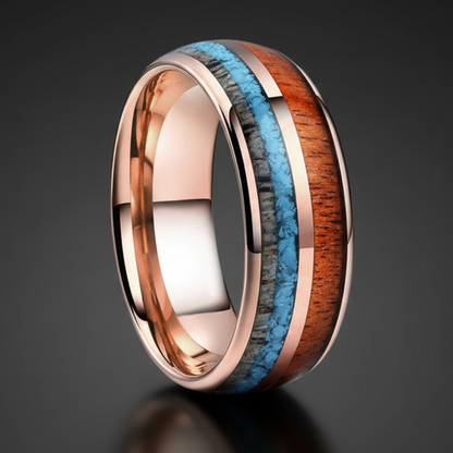 8mm tungsten wedding band with deer antler, turquoise, and koa wood inlay