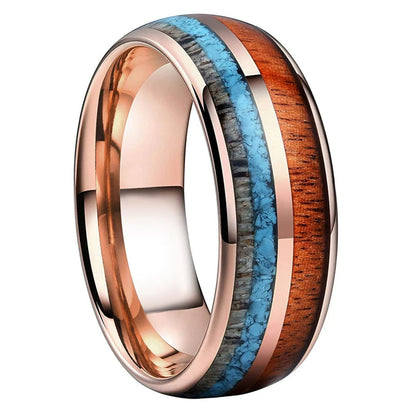 8MM Deer Antler, Turquoise & Koa Wood Tungsten Wedding Band
