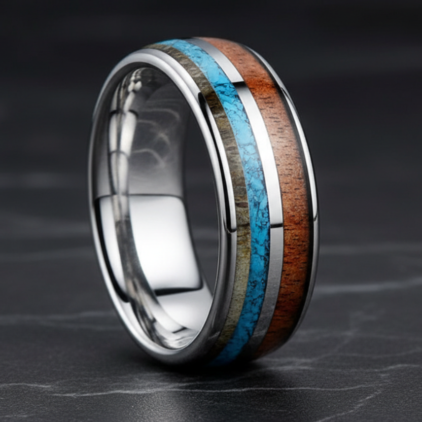 8mm tungsten wedding band with deer antler, turquoise, and koa wood inlay