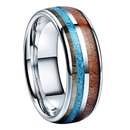 8MM Deer Antler, Turquoise & Koa Wood Tungsten Wedding Band
