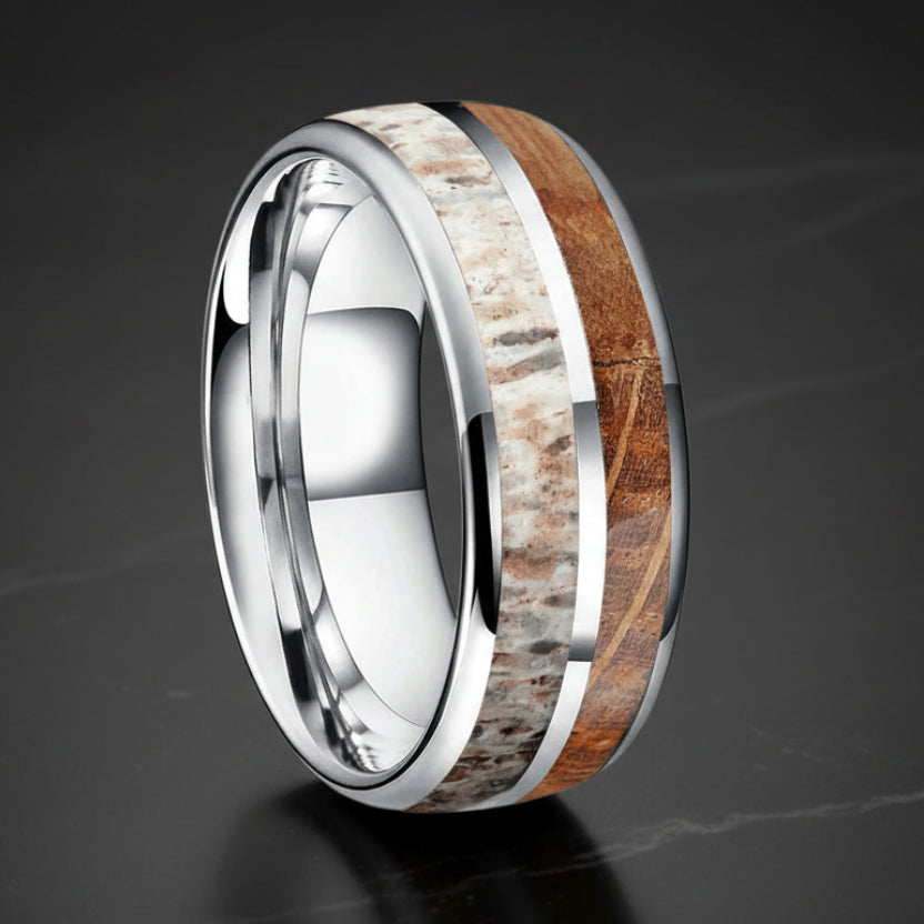 8MM Deer Antler & Whiskey Wood Tungsten Wedding Band