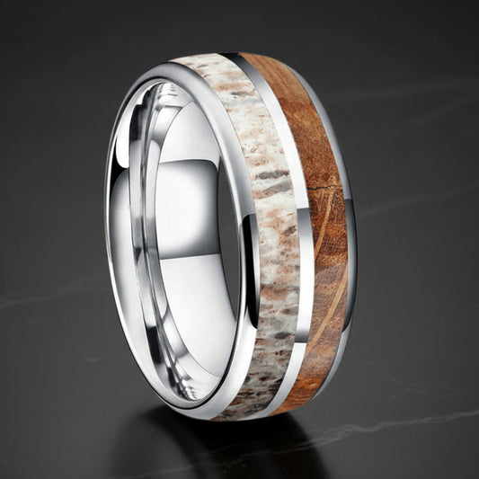 8MM Deer Antler & Whiskey Wood Tungsten Wedding Band