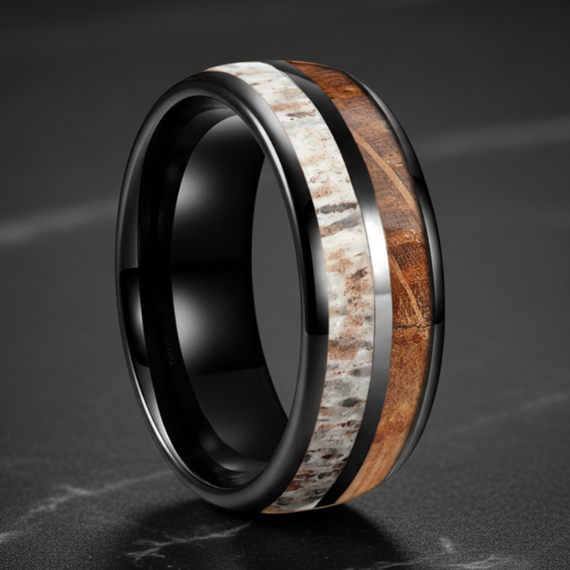 Deer Antler & Whiskey Wood Tungsten Wedding Band