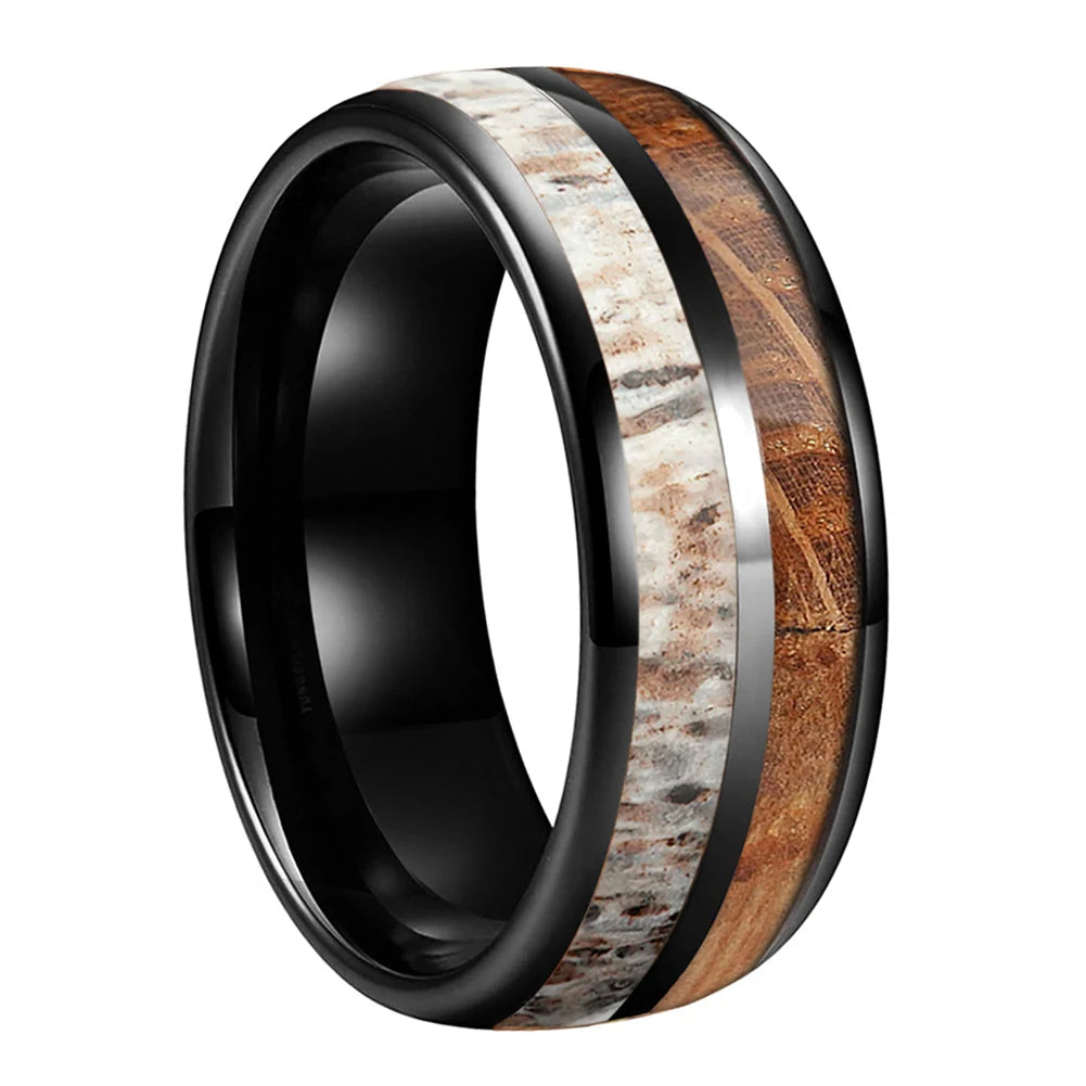 8MM Deer Antler & Whiskey Wood Tungsten Wedding Band