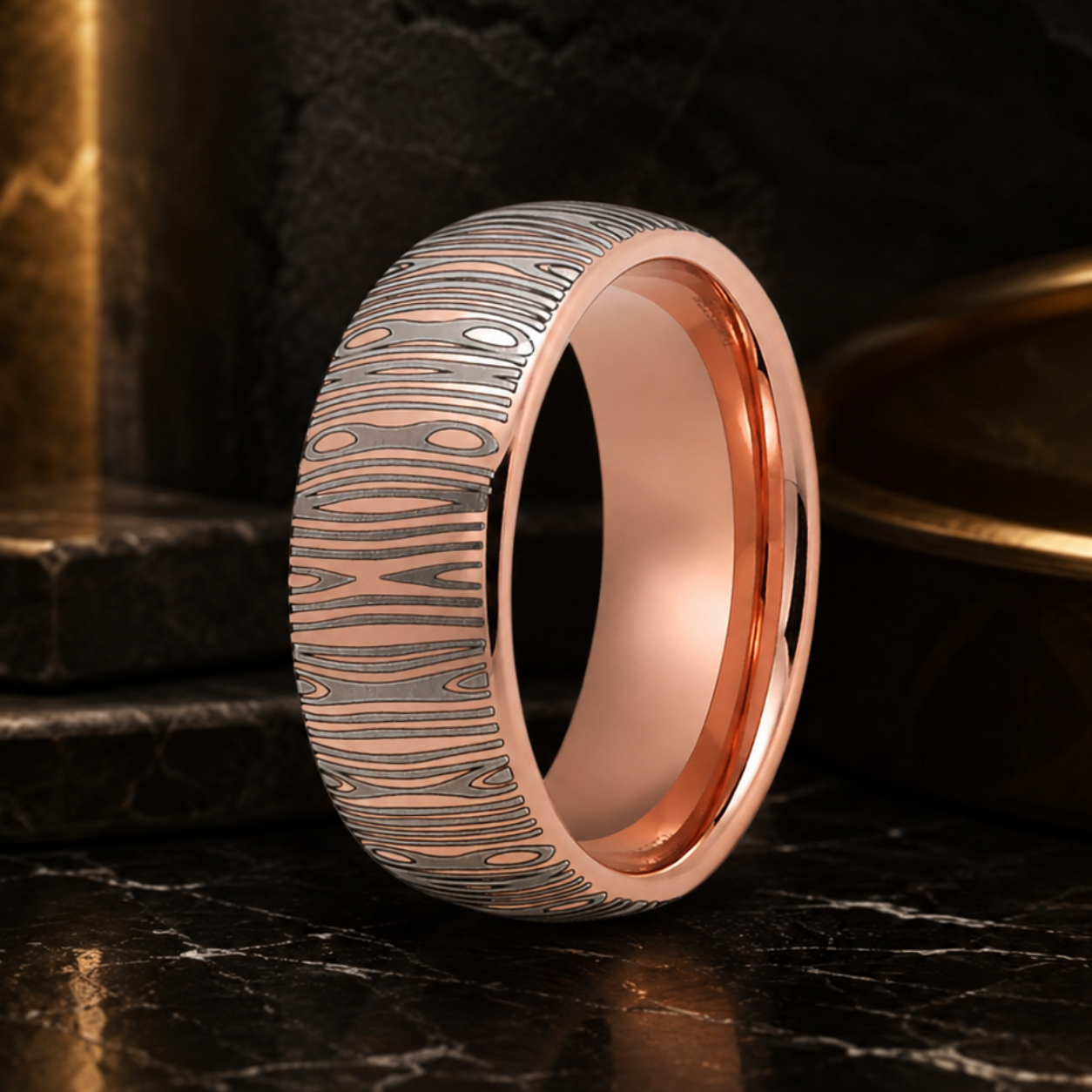8MM Domed Tungsten Ring with Damascus Laser Engraving