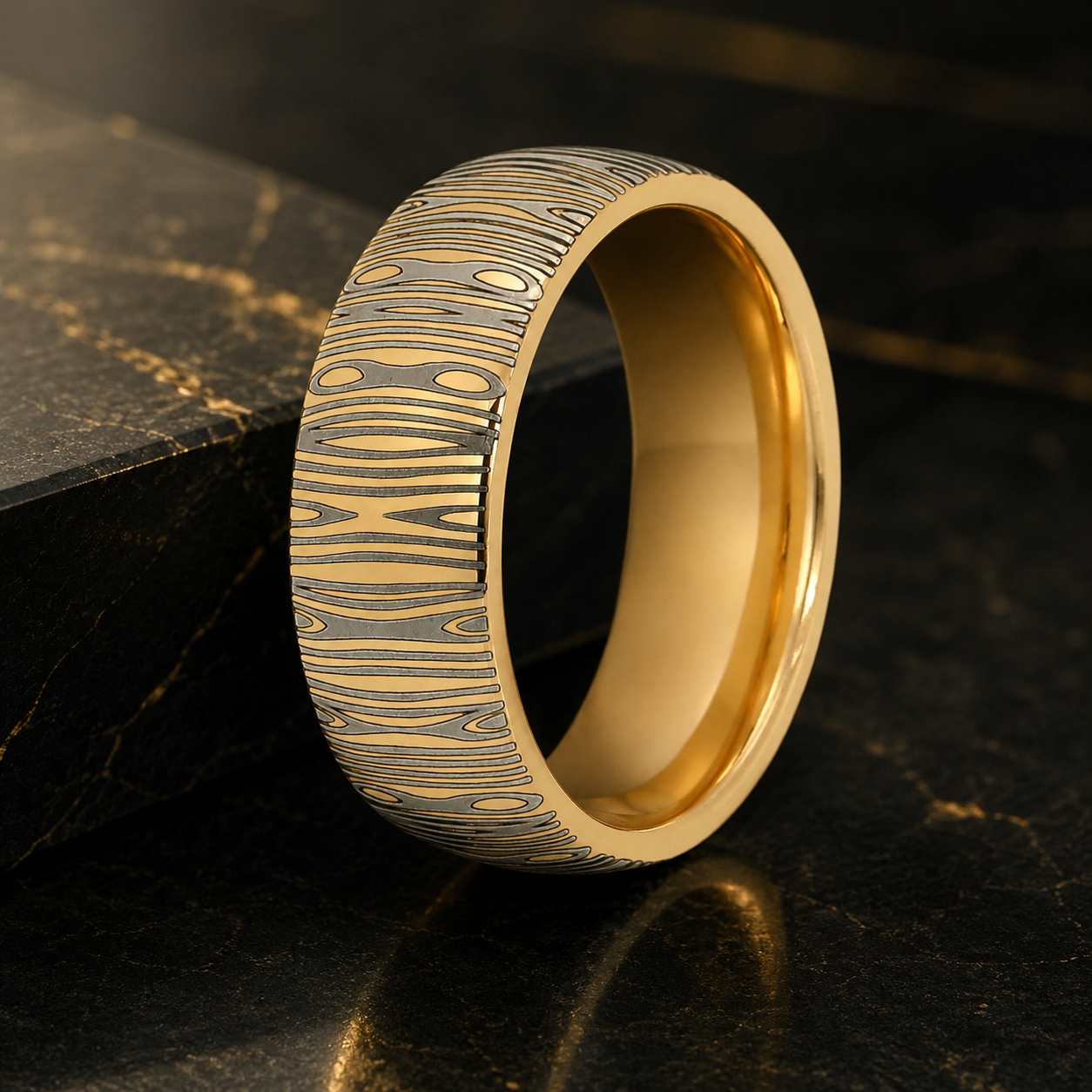8MM Domed Tungsten Ring with Damascus Laser Engraving