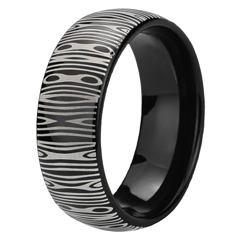 8MM Domed Tungsten Ring with Damascus Laser Engraving