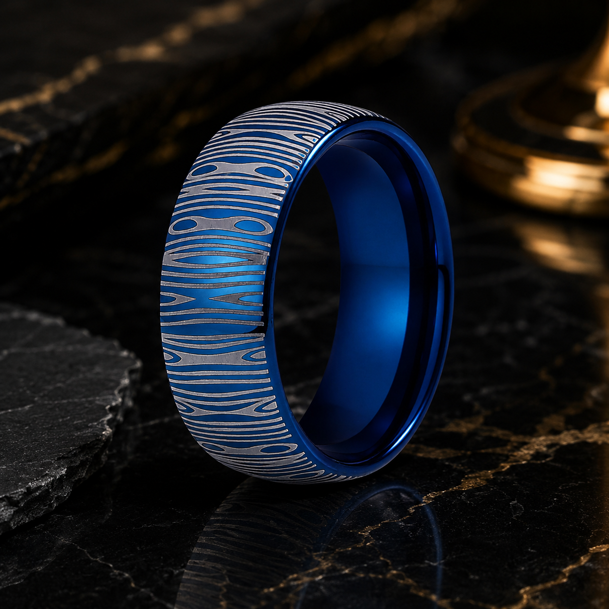 8MM Domed Tungsten Ring with Damascus Laser Engraving