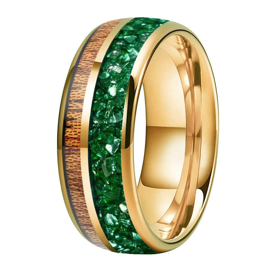 8MM Double Groove Tungsten Wedding Band with Golden Crystal & Red Wood Inlay