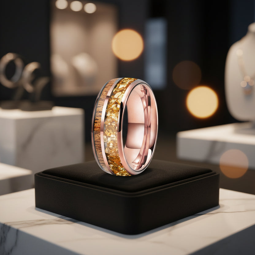 8MM Double Groove Tungsten Wedding Band with Golden Crystal & Red Wood
