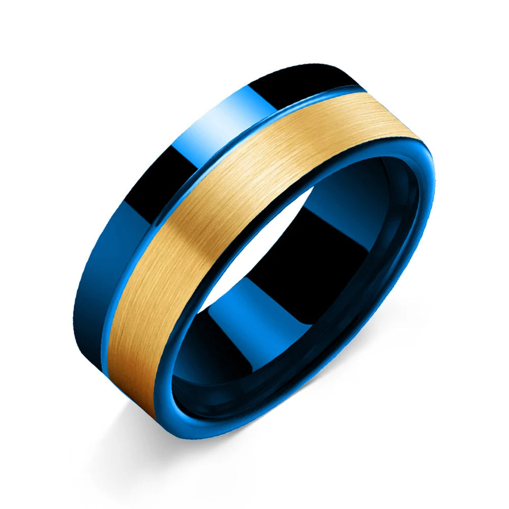 8MM Gold & Blue Tungsten Ring with Offset Groove