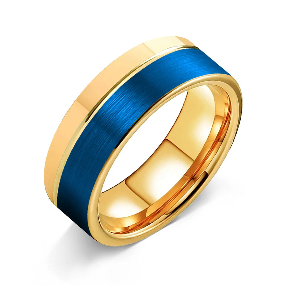 8MM Gold & Blue Tungsten Ring with Offset Groove