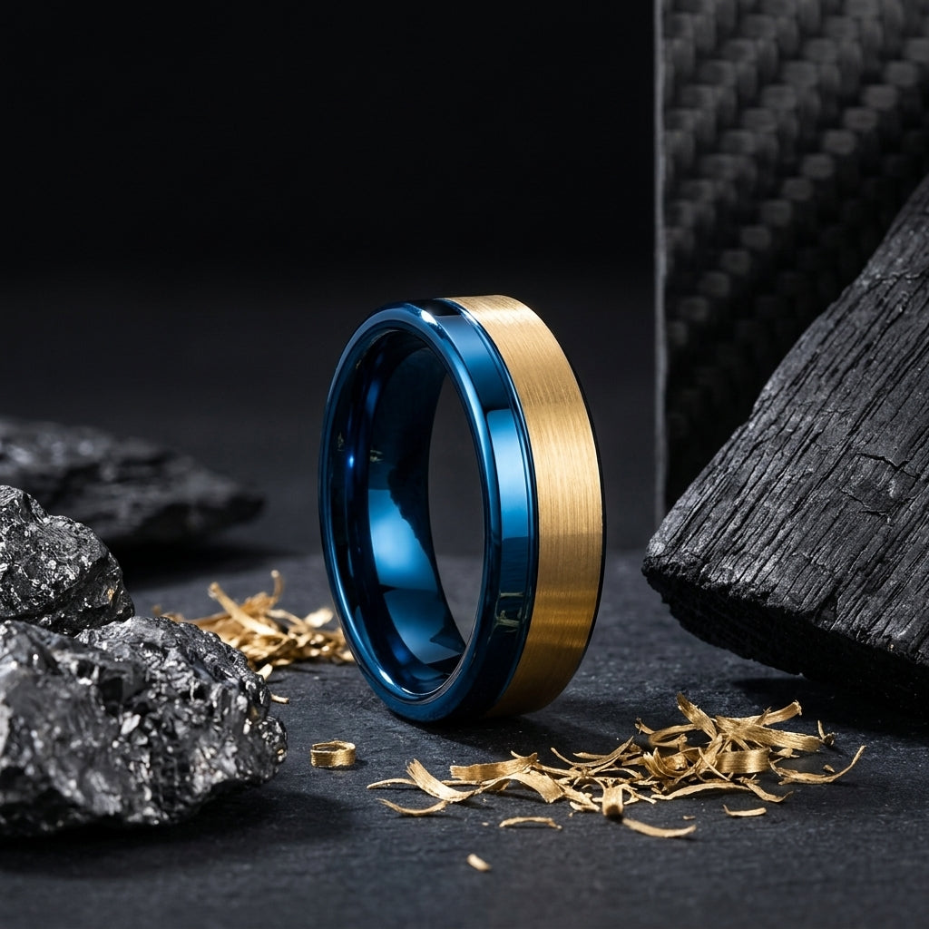 8MM Gold & Blue Tungsten Ring with Offset Groove