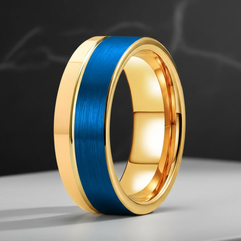 8MM Gold & Blue Tungsten Ring with Offset Groove