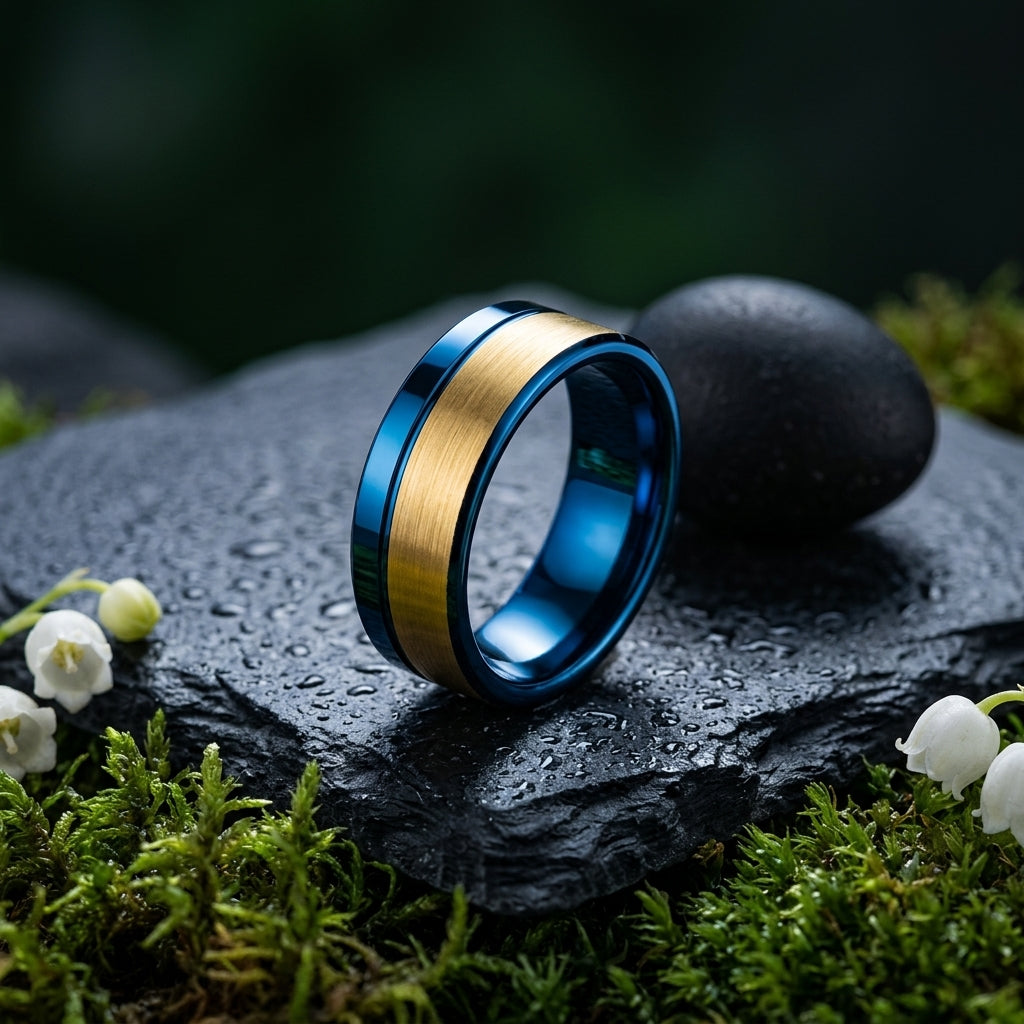 8MM Gold & Blue Tungsten Ring with Offset Groove