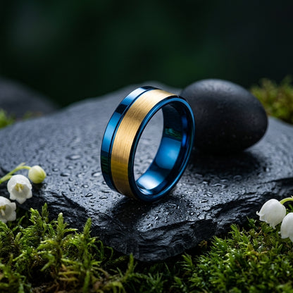 8MM Gold & Blue Tungsten Ring with Offset Groove