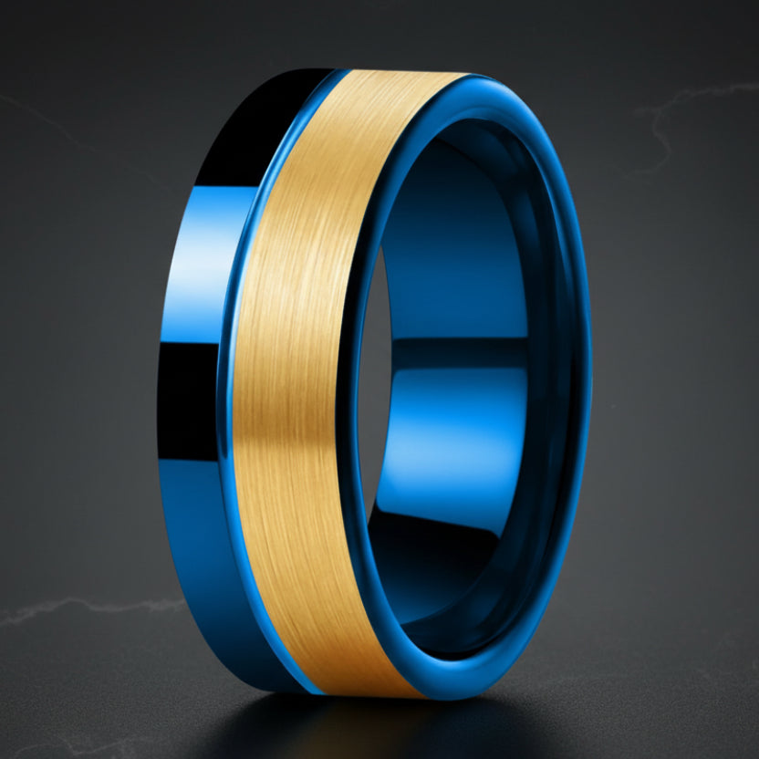 8MM Gold & Blue Tungsten Ring with Offset Groove