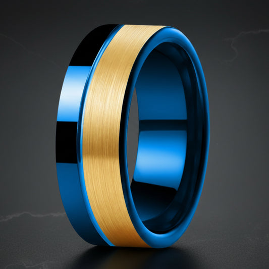 8MM Gold & Blue Tungsten Ring with Offset Groove