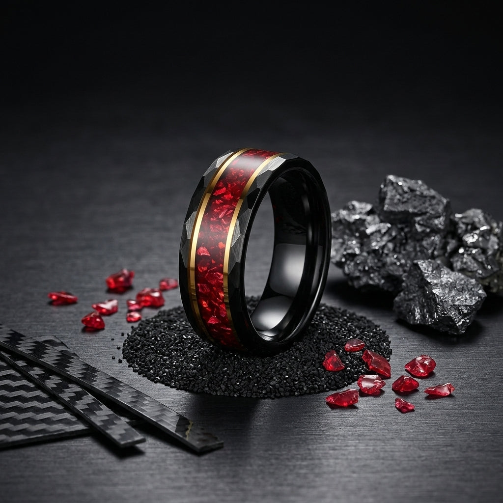 8MM Hammered Tungsten Ring with Red Crystal Inlay