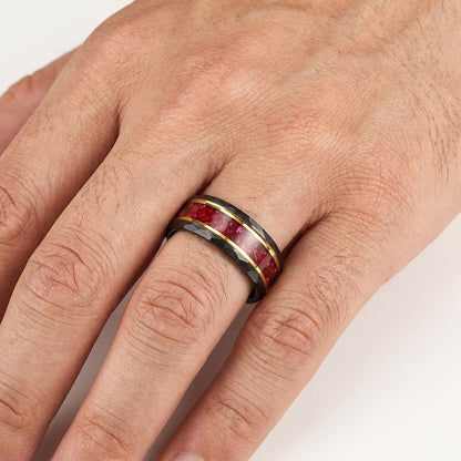 8MM Hammered Tungsten Ring with Red Crystal Inlay