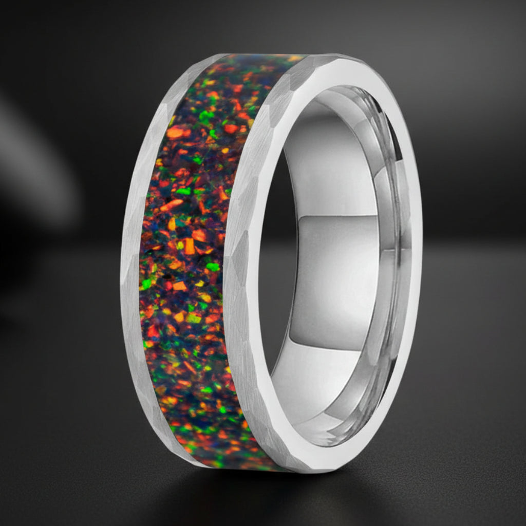 8MM Hammered Tungsten Ring with Fire Opal Inlay