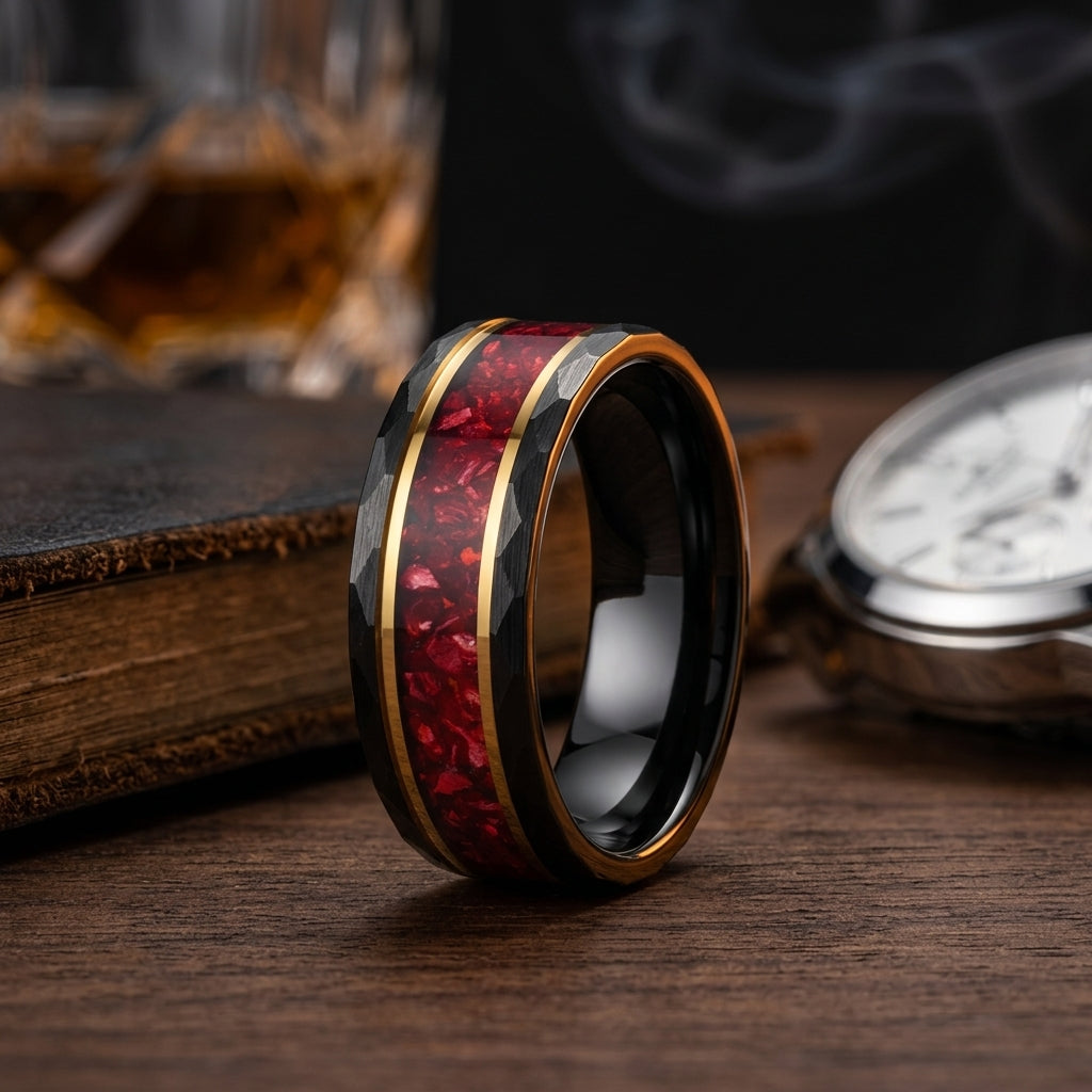 8MM Hammered Tungsten Ring with Red Crystal Inlay