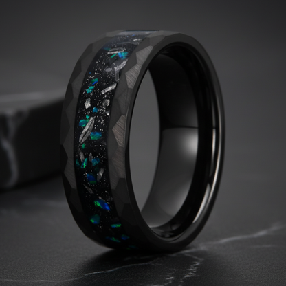8MM Hammered Black Tungsten Ring with Green Opal Inlay