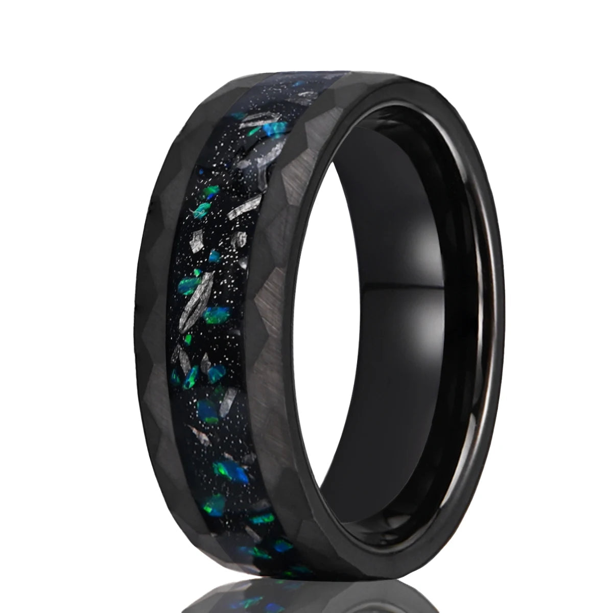 8MM Hammered Black Tungsten Ring with Green Opal Inlay