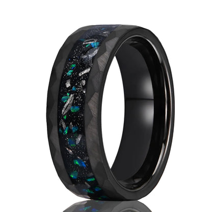 8MM Hammered Black Tungsten Ring with Green Opal Inlay