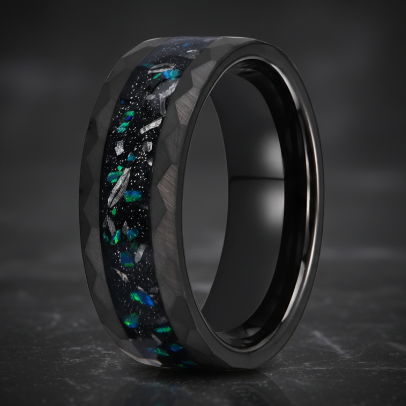 8MM Hammered Black Tungsten Ring with Green Opal Inlay