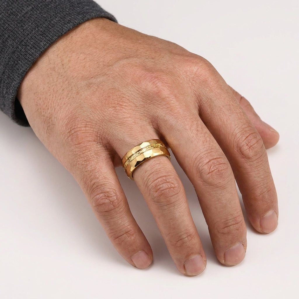 8MM Hammered Gold Tungsten Wedding Band