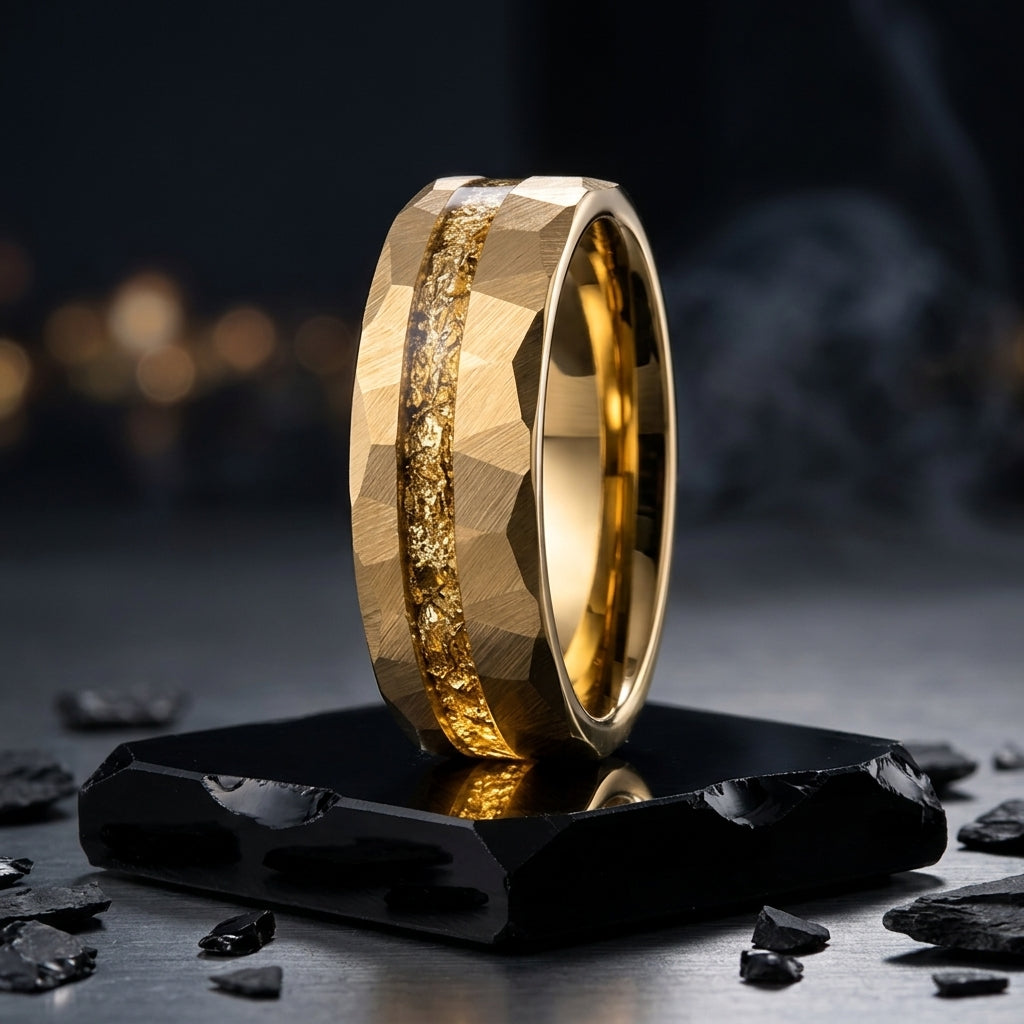 8MM Hammered Gold Tungsten Wedding Band