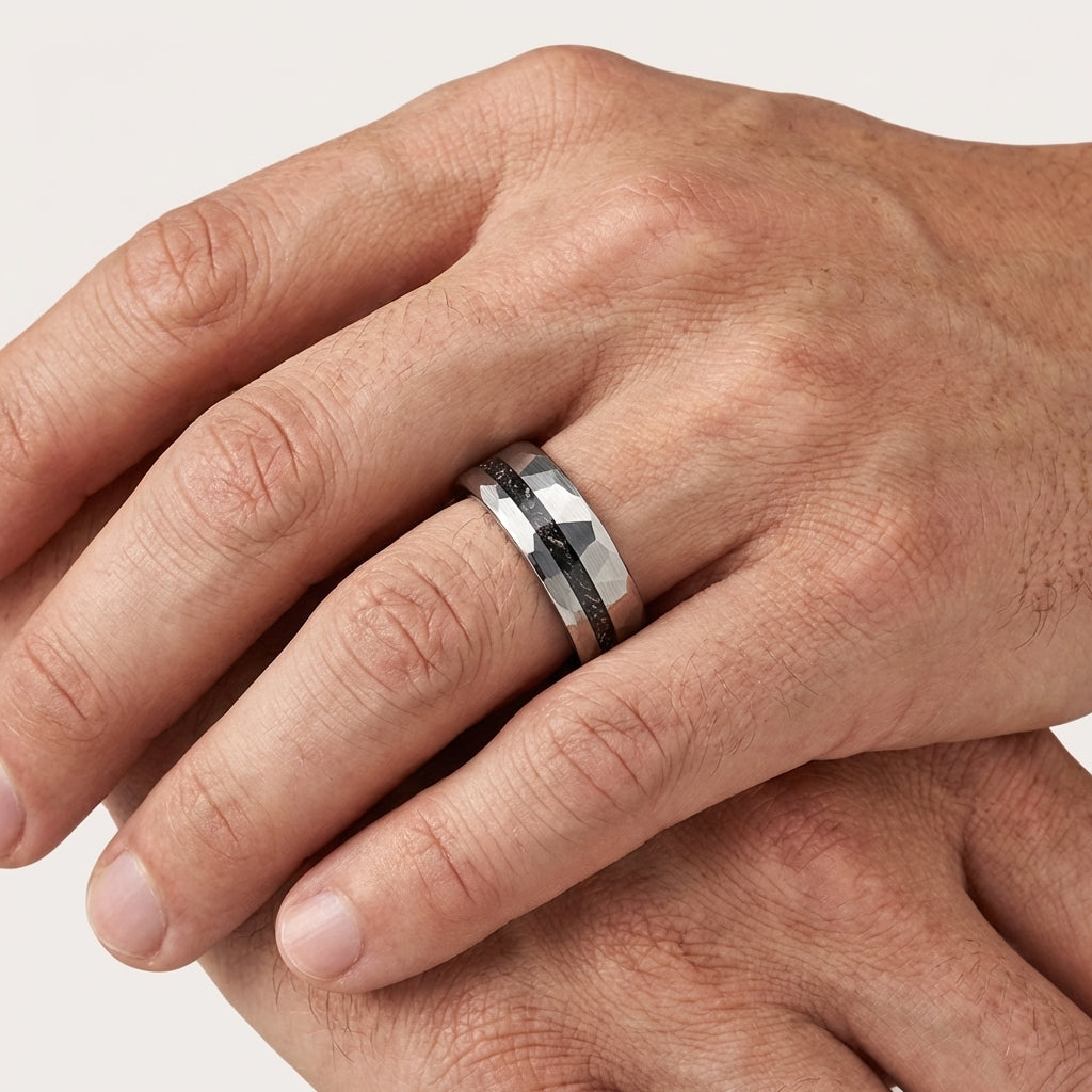 8MM Hammered Meteorite Tungsten Wedding Band