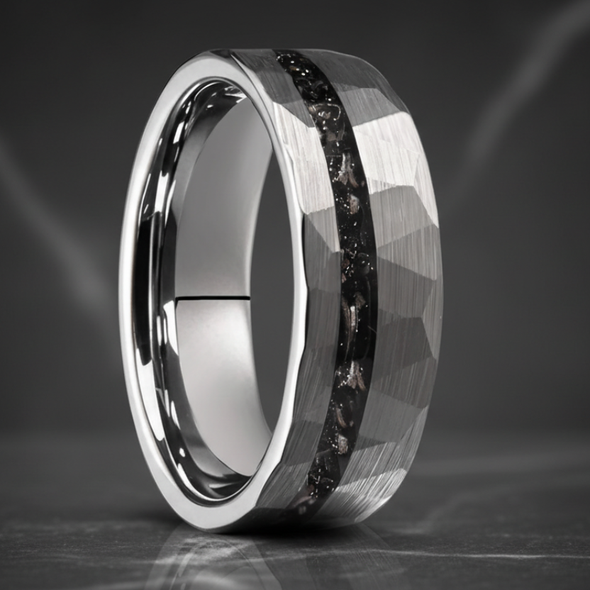 8MM Hammered Meteorite Tungsten Wedding Band