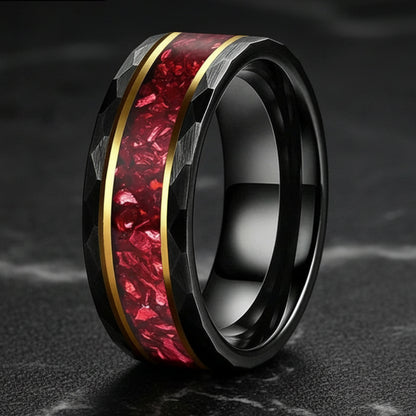 8MM Hammered Tungsten Ring with Red Crystal Inlay
