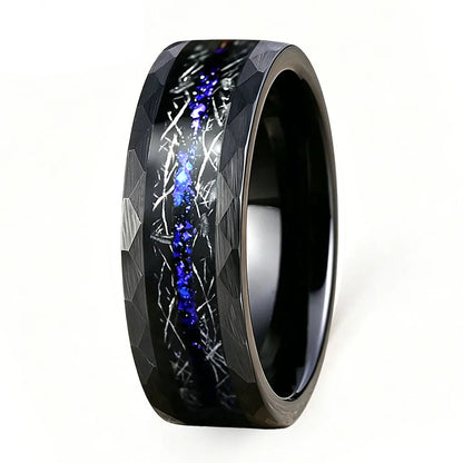 8MM Hammered Tungsten Ring with Meteorite & Blue Opal Inlay