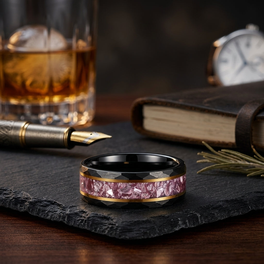 8MM Hammered Tungsten Ring with Pink Morganite Inlay
